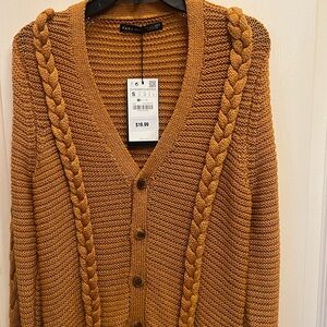 Cable Knit Cardigan Sweater - Brown